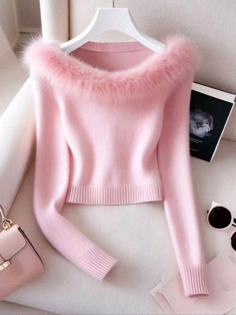 Women's Elegant Patchwork Fur Collar Sweater Fall Winter Cloth For Women